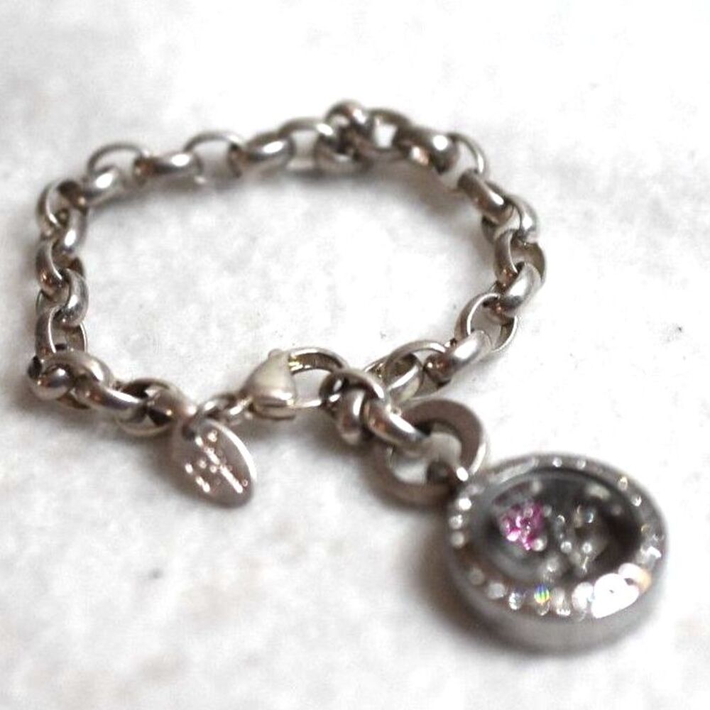 Origami Owl Silver Tone Link Chain Rhinestone Heart/Locket 6 Inch Charm Bracelet